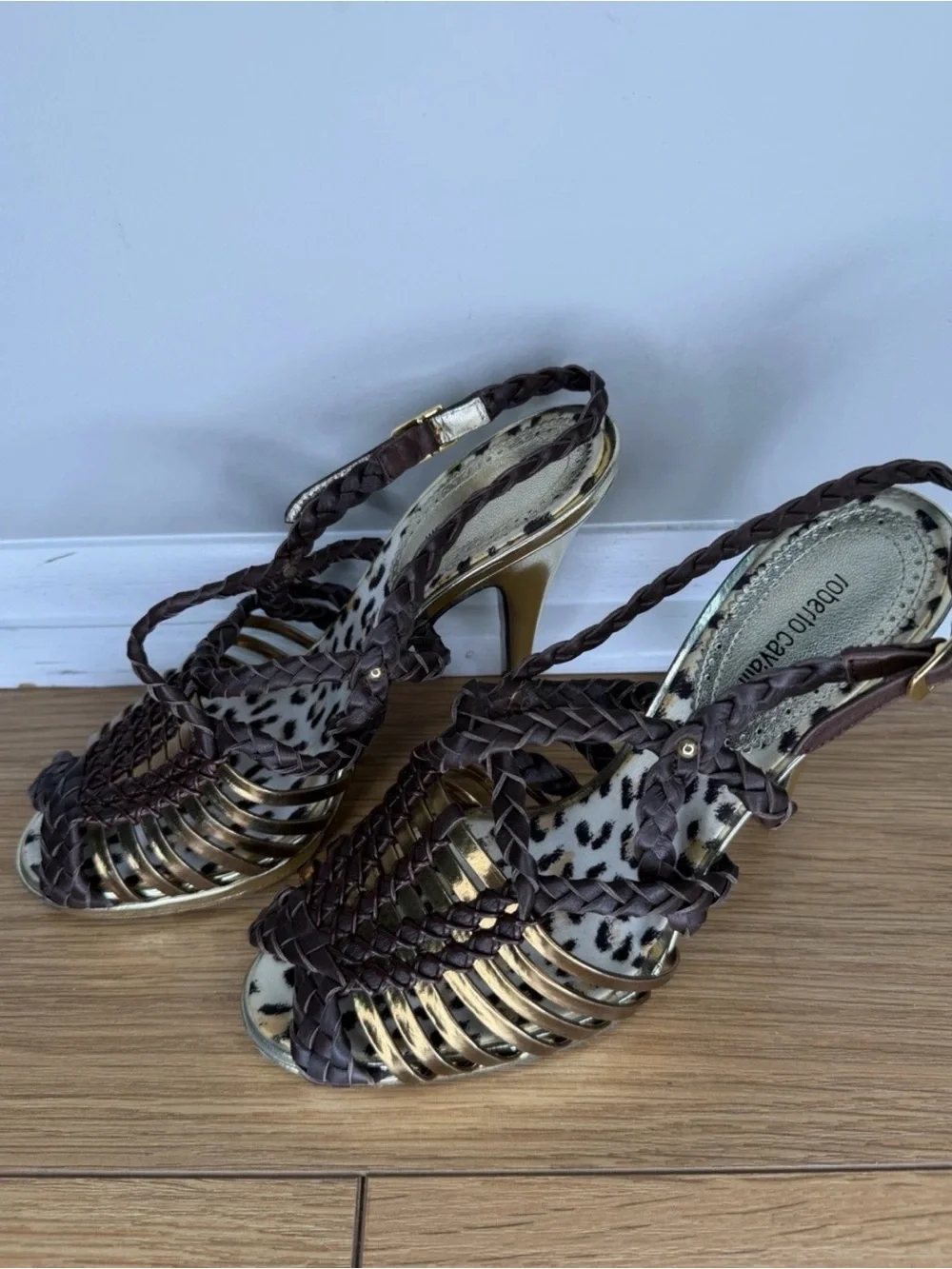 ROBERTO CAVALLI Braided Leather Brown & Gold Platform Shoes EU 37